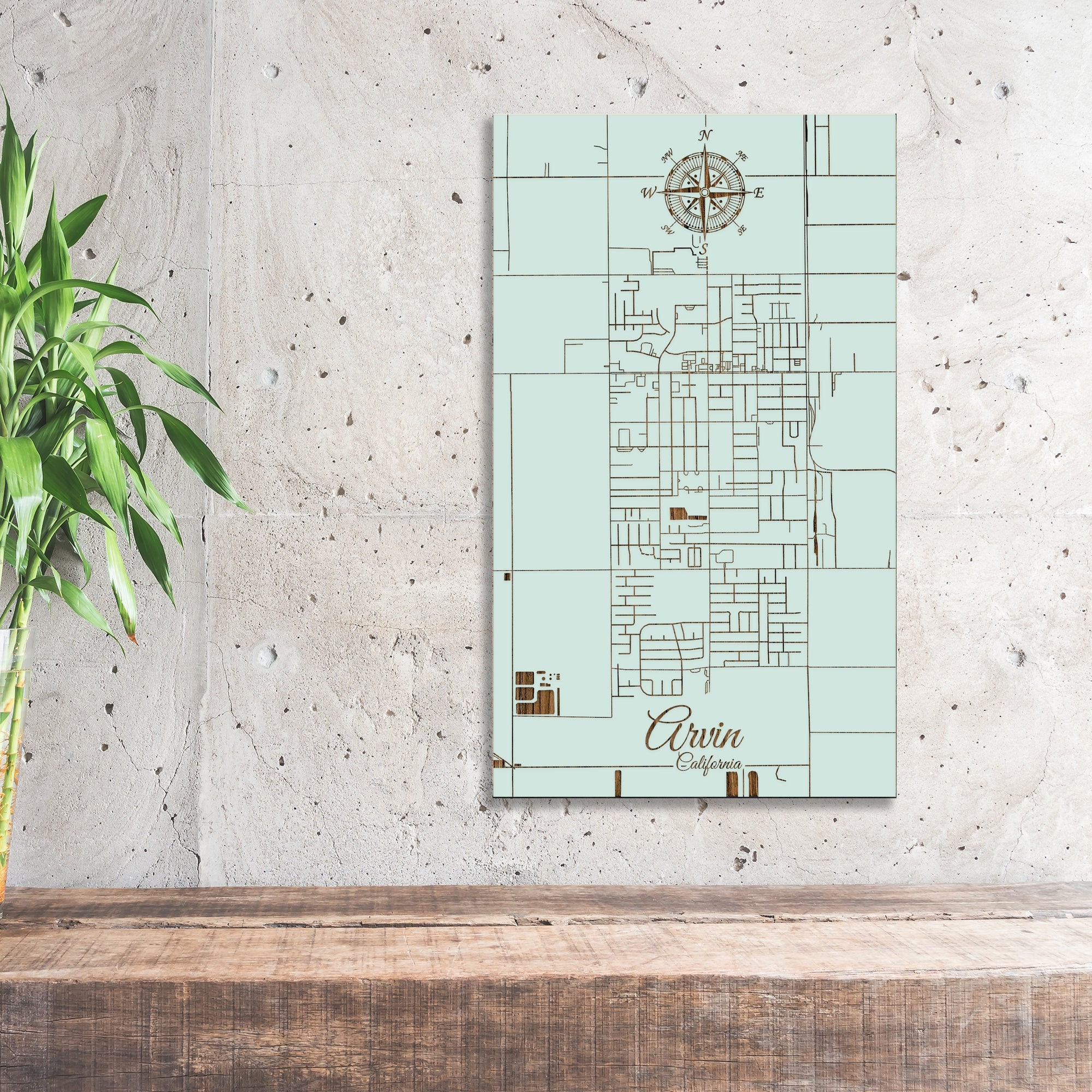 California Arvin Street Map Wood Engraved Maps Wall