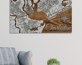Charleston, South Carolina Engraved Wood Wall Map