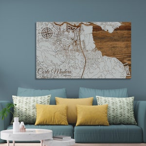 California: Corte Madera Street Map; Wood Engraved Maps, Wall Art| Wood Wall Decor