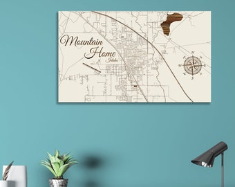 Idaho: Mountain Home Street Map; Wood Engraved Maps, Wall Art| Wood Wall Decor