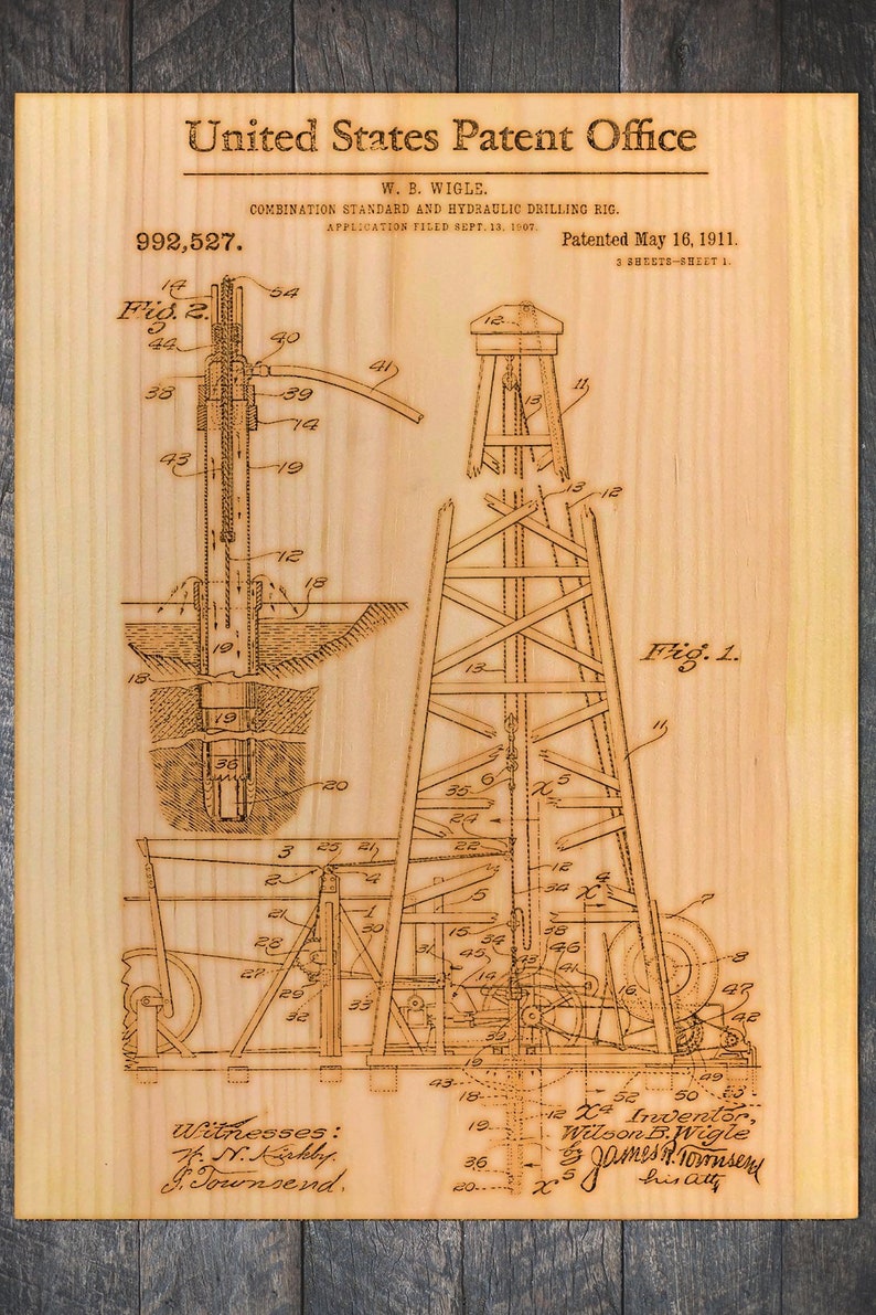 Oil Rig Patent; Wood Wall Art Wedding Gift Groomsmen Gift Rustic Home Decor Bridesmaid Gift Wood Burning Art