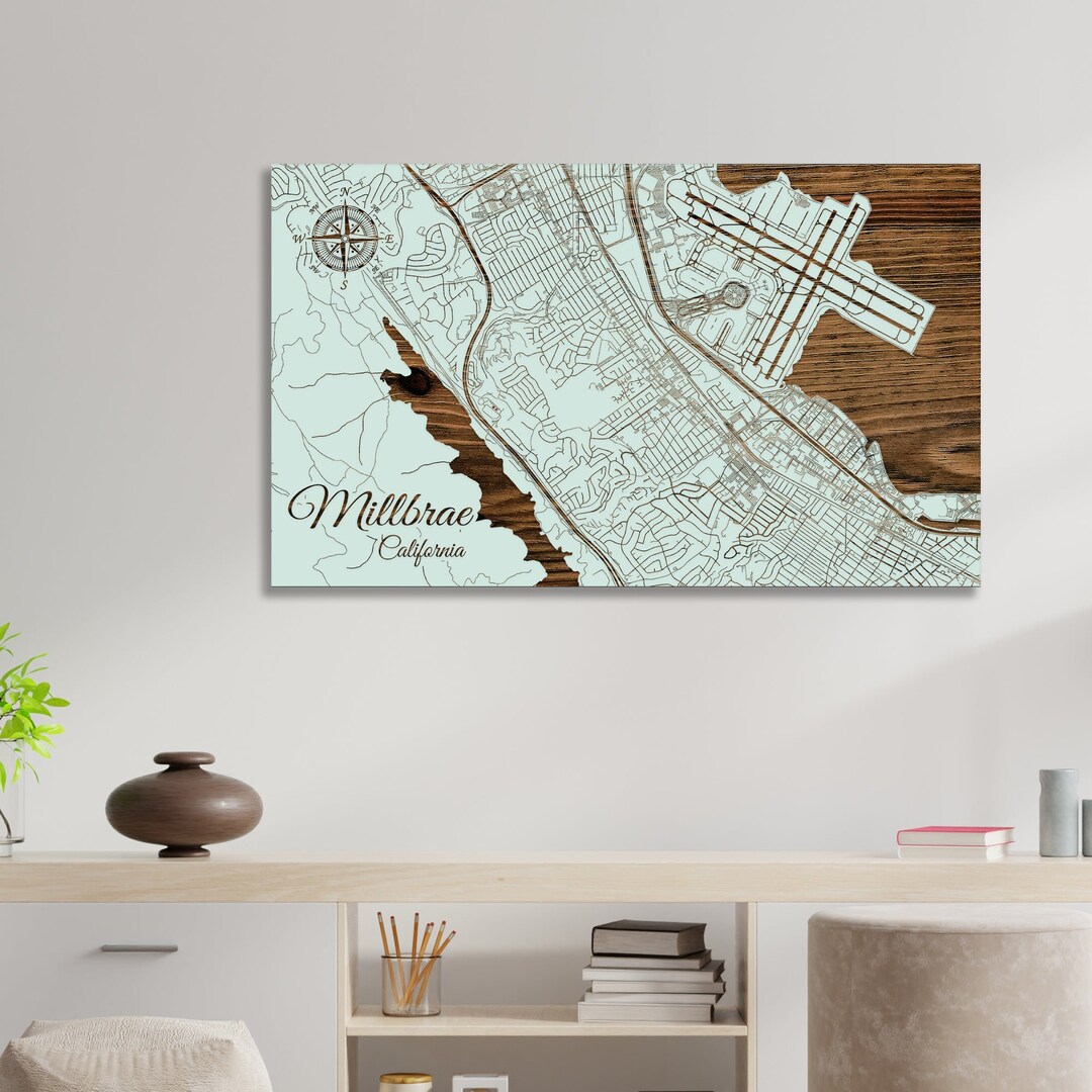 California Millbrae Street Map Wood Engraved Maps Wall Art Etsy