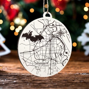 Shreveport, Louisiana Ornament | Gravierte Holz Landkarte Ornament | Handmade Urlaub & Wohndekor | Weihnachtsschmuck