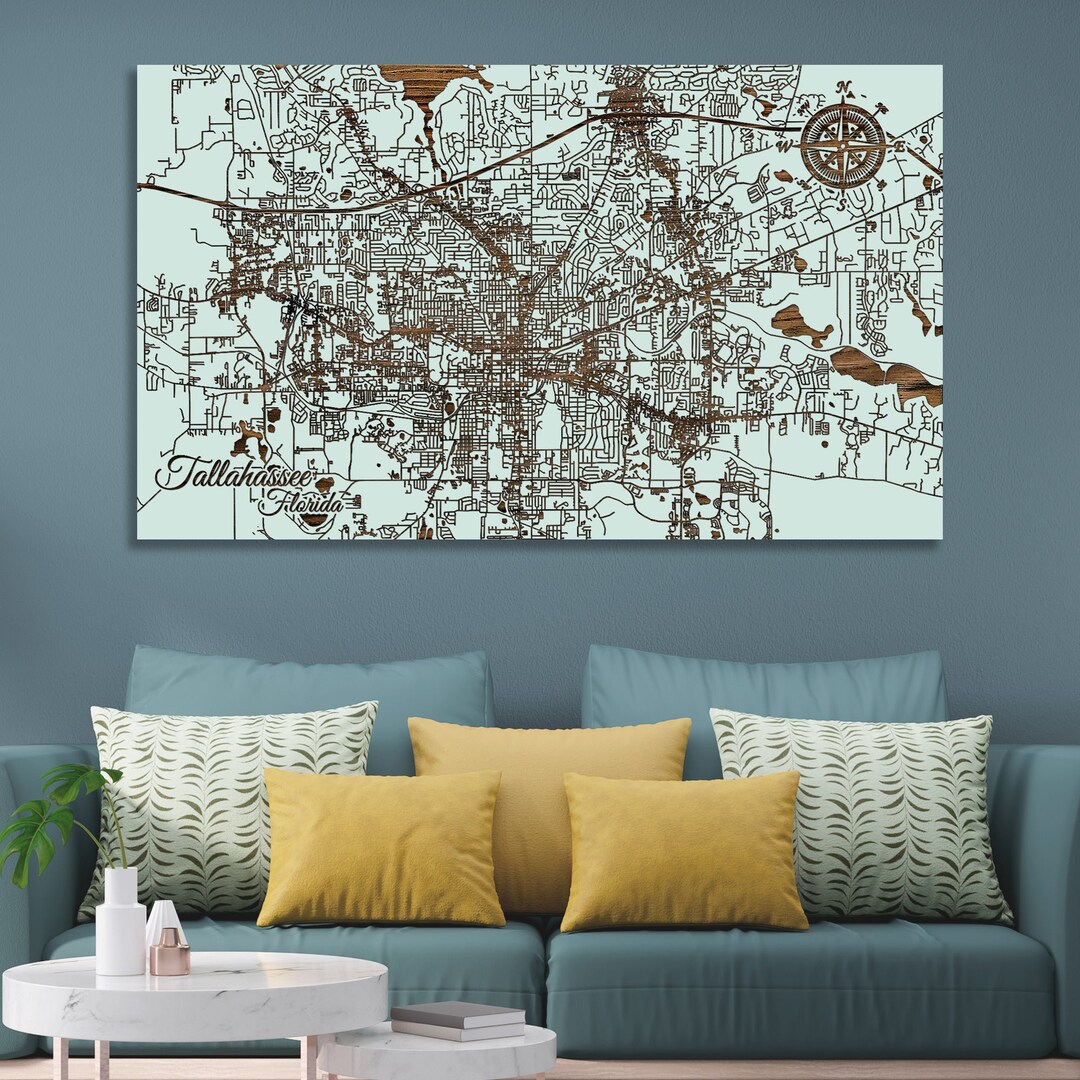 Tallahassee, Florida Street Map Wood Wall Art Wood Wall Map Wood Engraved Map of Tallahassee, FL