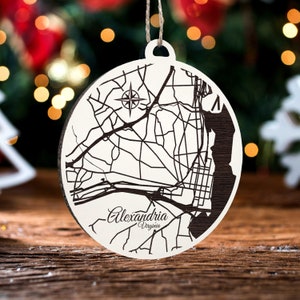 Alexandria, Virginia Ornament | Gravierte Holz Landkarte Ornament | Handmade Urlaub & Wohndekor | Weihnachtsschmuck