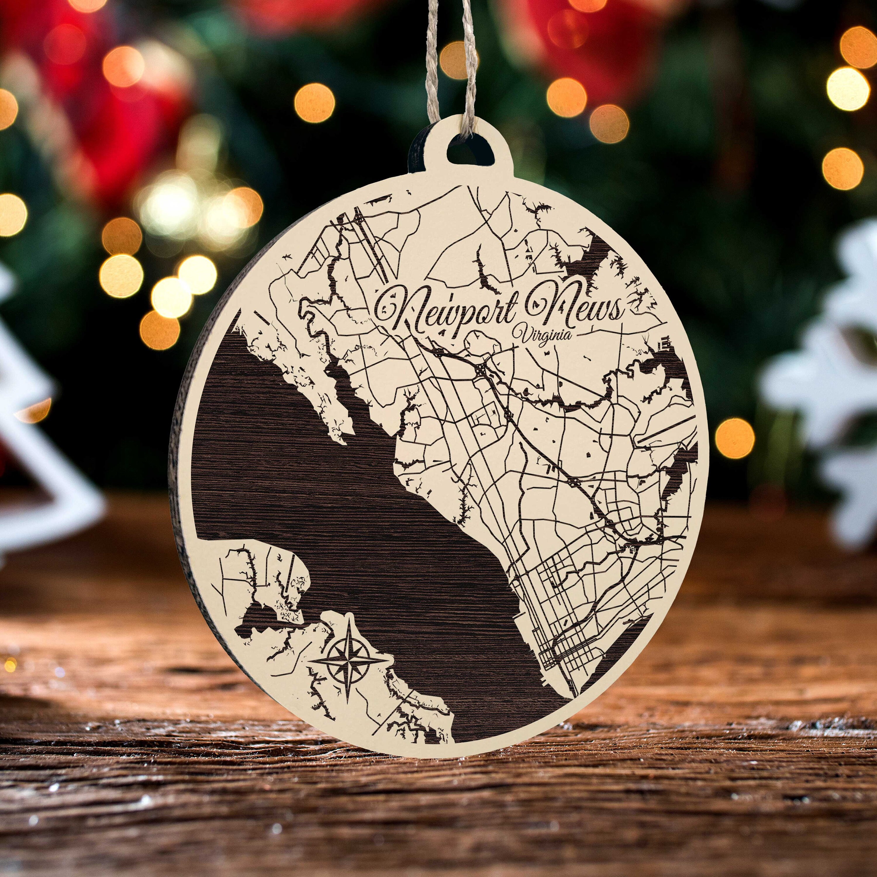 Newport News Virginia Ornament: Engraved Wooden Map, Handmade