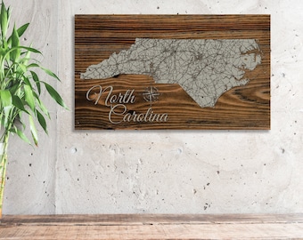 Engraved Wood North Carolina Map: USA Made Pine Wall Art