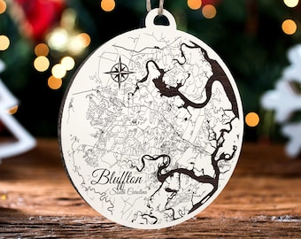 Bluffton, South Carolina Ornament: Engraved Wooden Map, Handmade Holiday Decor