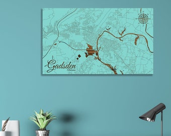 Gadsden Alabama Street Map: Wood Engraved Wall Art