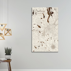 May include: A wood-mounted map of Danbury, Connecticut, with a compass rose in the lower right corner. The map is in a white frame and has a light brown background.