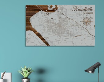 Russellville Arkansas Street Map: Wood Engraved Wall Art