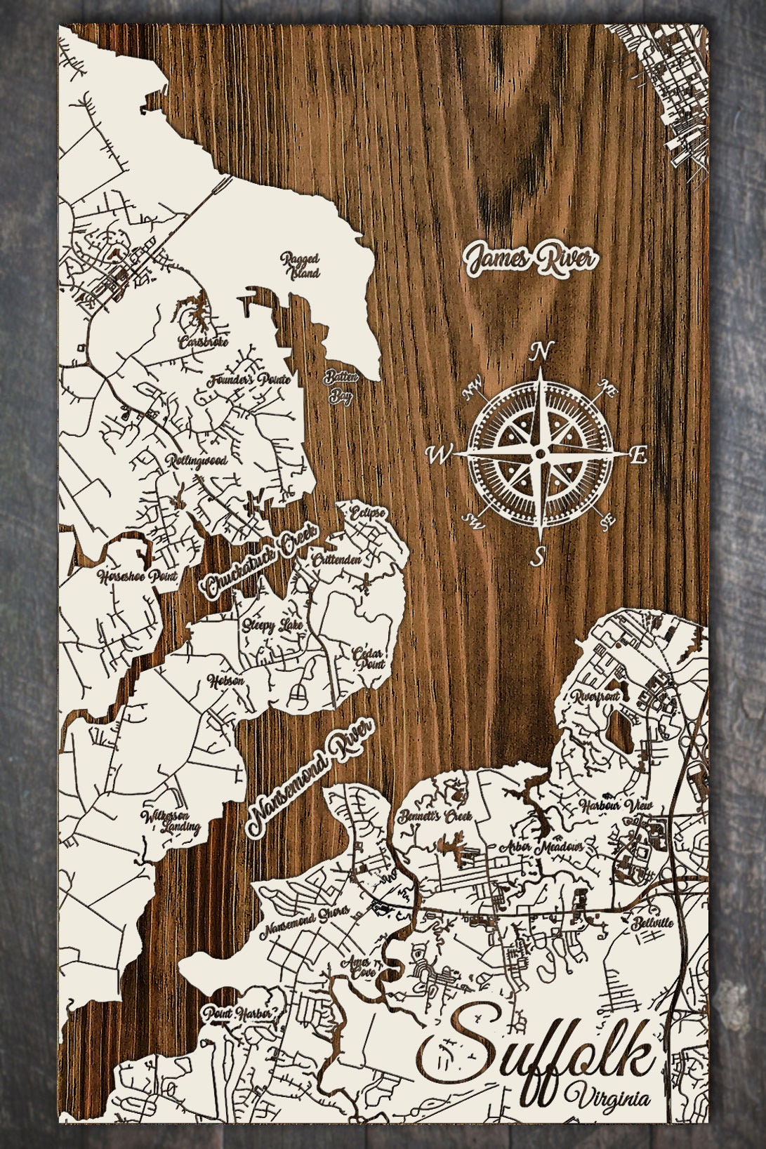 Virginia: North Suffolk Whimsical Map| Wood Wall Decor