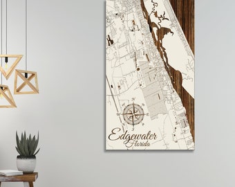 Edgewater , Florida Street Map | Wood Engraved Maps | Wall Art| Wood Wall Decor | City Street Map| Wood Engraved Map of Edgewater , FL