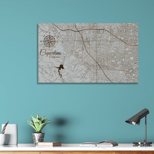 California: Cupertino Street Map; Wood Engraved Maps, Wall Art| Wood Wall Decor