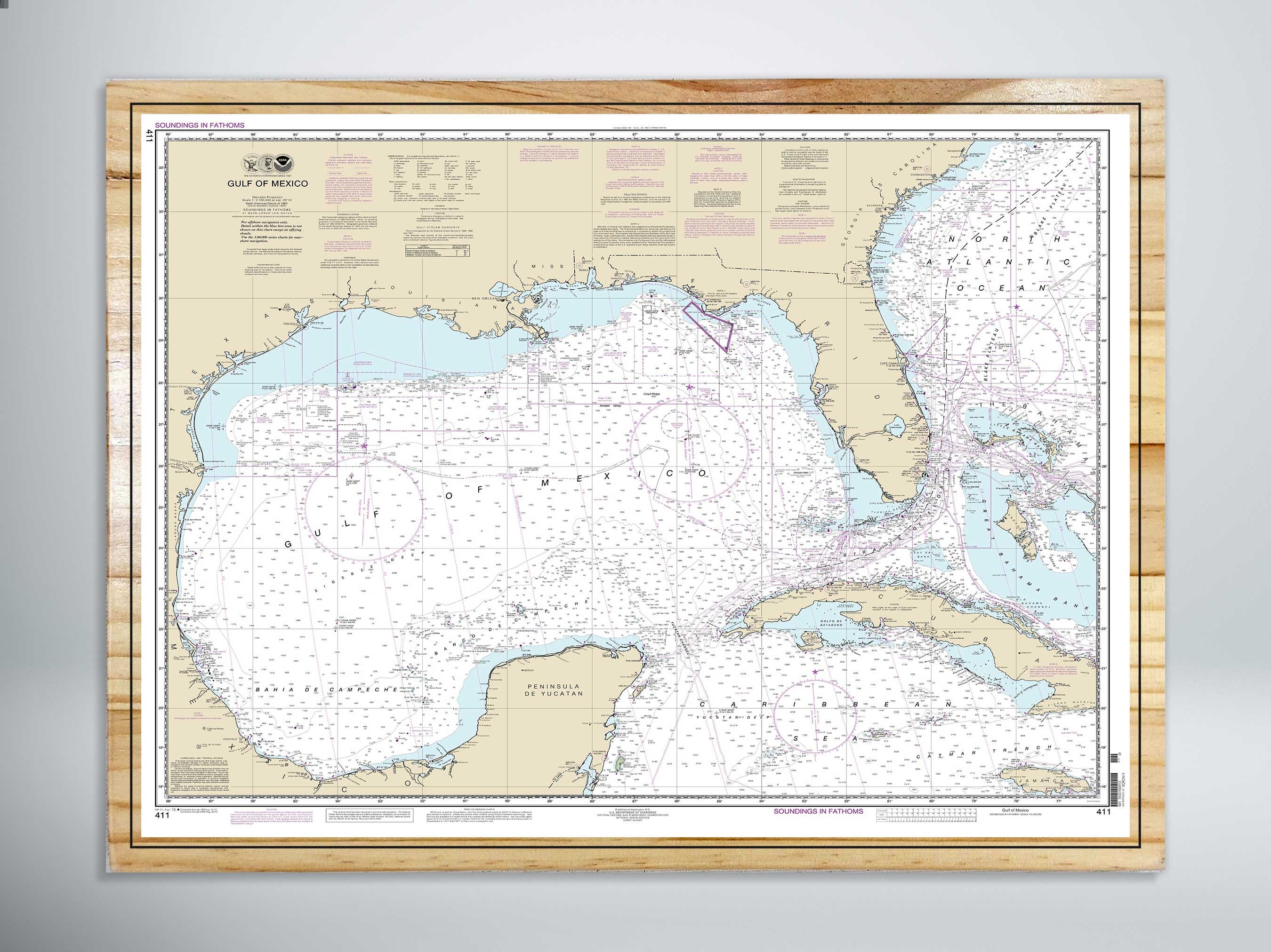 Gulf of Mexico Nautical Chart: Coastal Pine Wood Wall Art