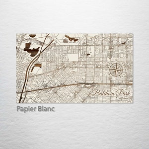 Baldwin Park, California Street Map; Wood Engraved Maps, Wall Art| Wood Wall Decor | Wood Engraved Map of Baldwin Park, CA