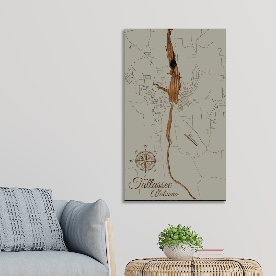 Tallassee, Alabama Street Map Wood Engraved Maps Wall Art Wood Wall