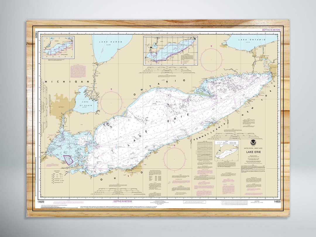 Lake Erie Nautical Map (NOAA) | 3D Elevated Art Prints on Premium Pine ...