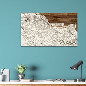California: Burlingame Street Map; Wood Engraved Maps, Wall Art| Wood Wall Decor