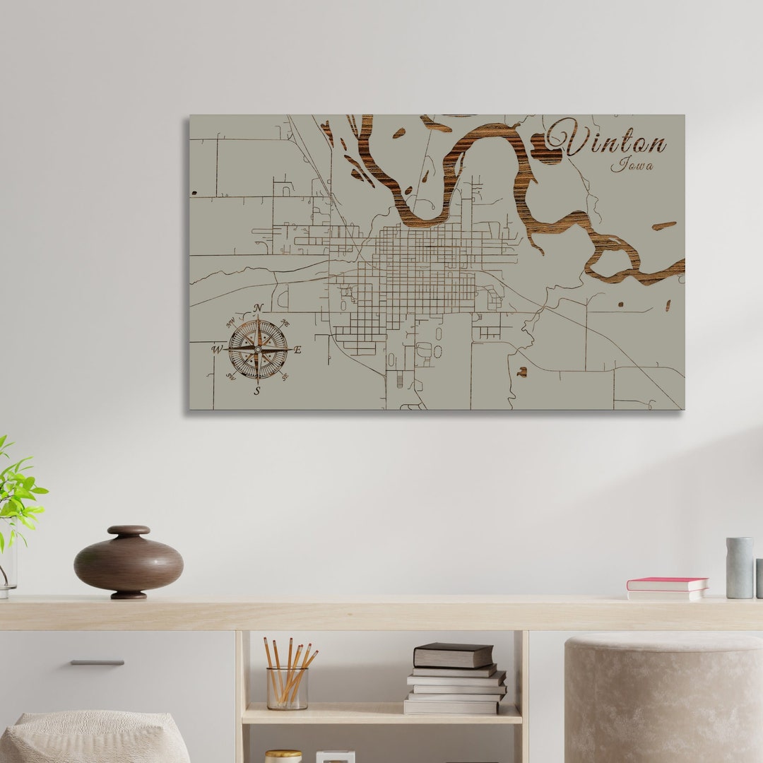 Iowa Vinton Street Map Wood Engraved Map Wall Art Etsy