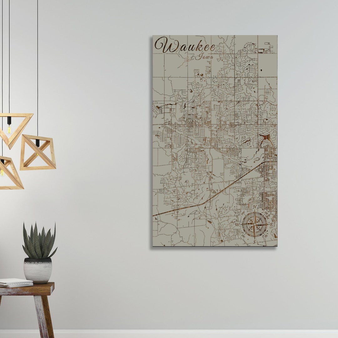 Waukee, Iowa Street Map Wood Wall Art Wood Wall Map Wood Engraved Map of Waukee, Iowa Map