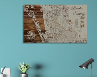 Bonita Springs Florida Street Map: Wood Engraved Wall Art