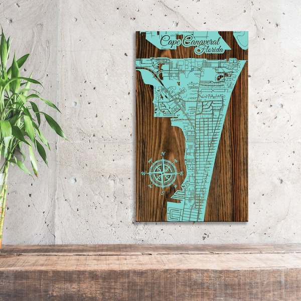 Cape Canaveral, Florida Street Map | Wood Engraved Maps |Wall Art| Wood Wall Decor |City Street Map| Wood Engraved Map of Cape Canaveral, FL