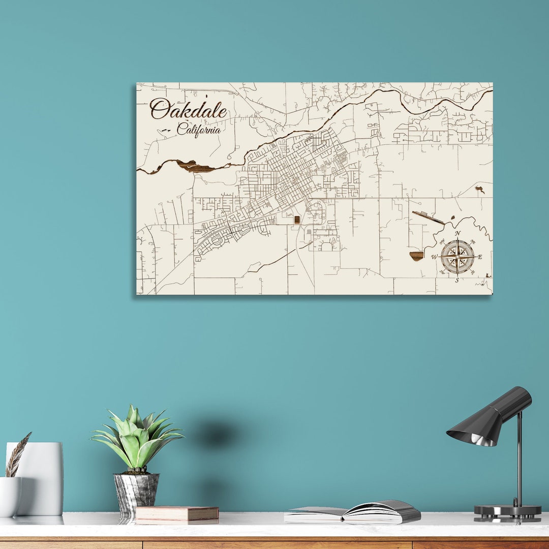 Oakdale, California Street Map Wood Engraved Maps Wall Art Wood Wall