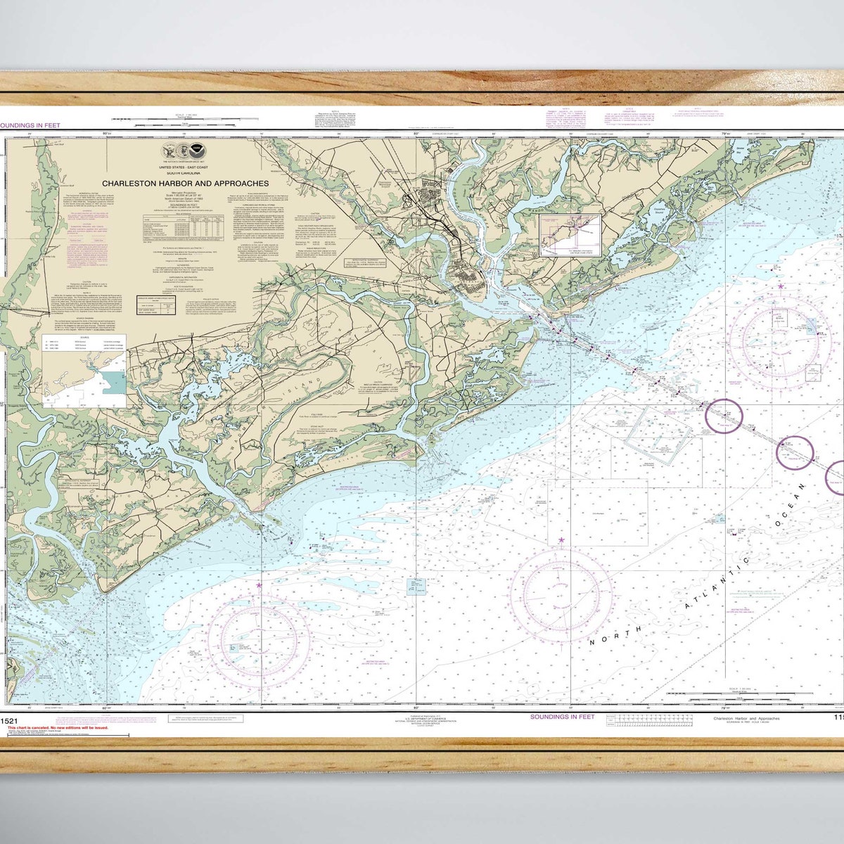 Charleston Harbor Nautical Chart: Coastal Wall Art on Pine Wood (Size: Medium 18.75" x 25")