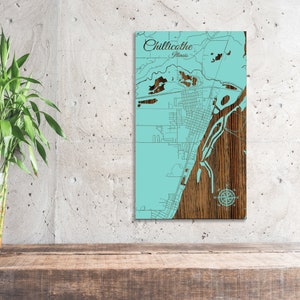 May include: A teal blue wooden map of Chillicothe, Illinois, with a compass rose in the bottom right corner.