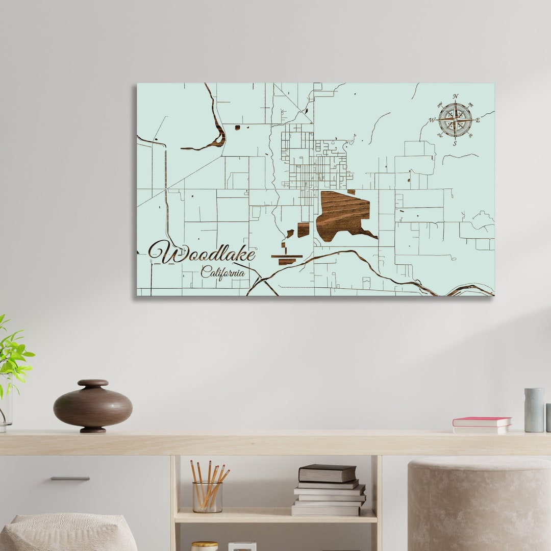 California Woodlake Street Map Wood Engraved Maps Wall Art Etsy