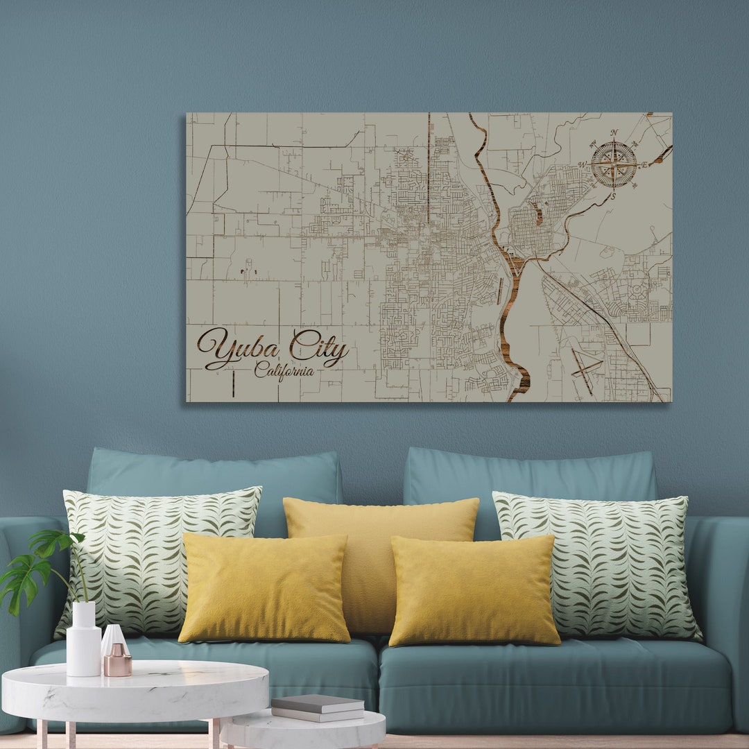 California Yuba City Street Map Wood Engraved Maps Wall Etsy
