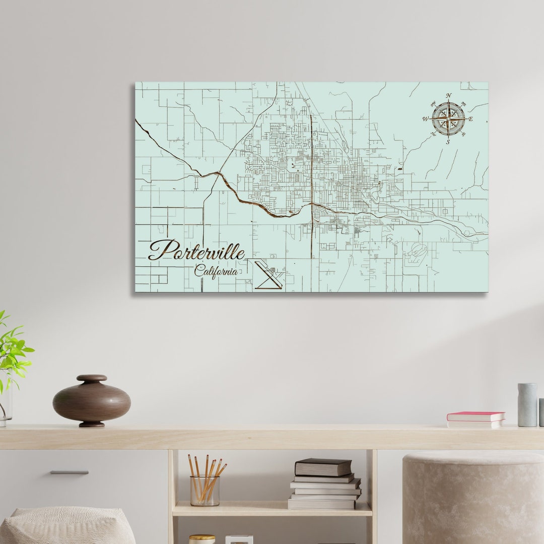California: Porterville Street Map; Wood Engraved Maps, Wall Art| Wood ...