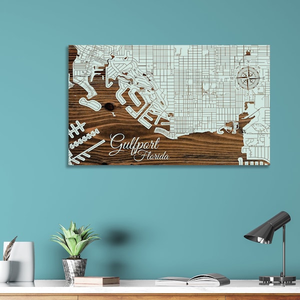 Gulfport, Florida Street Map; Wood Engraved Maps, Wall Art| Wood Wall Decor | Wood Map | City Street Map| Wood Engraved Map of Sandy, FL