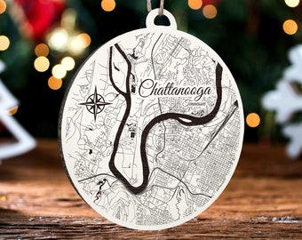 Chattanooga Tennessee Ornament: Engraved Wooden Map, Handmade Holiday Decor