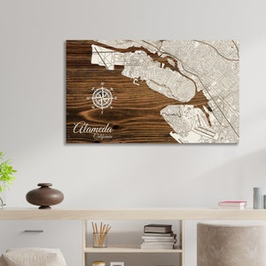 Wood Engraved Alameda, California Street Map Art