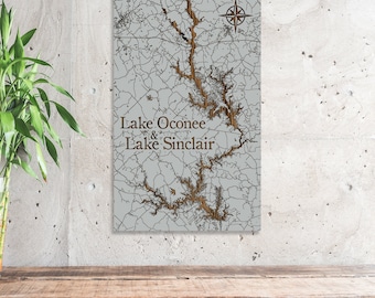 Lake Oconee and Lake Sinclair, Georgia  Street Map | Wood Engraved Maps, Wall Art| Wood Wall Decor | Home Decor | Wood Wall Map