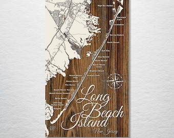 Long Beach Island, New Jersey Street Map Art| Long Beach Island Map Detailed Poster| Home Decor | Wood Engraved Map of Long Beach Island, NJ