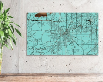 Waukesha, Wisconsin Engraved Wood Wall Map