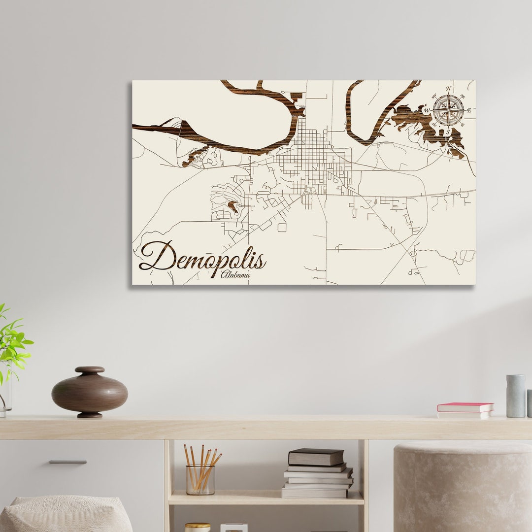 Demopolis, Alabama Street Map Wood Engraved Maps Wall Art Wood Wall