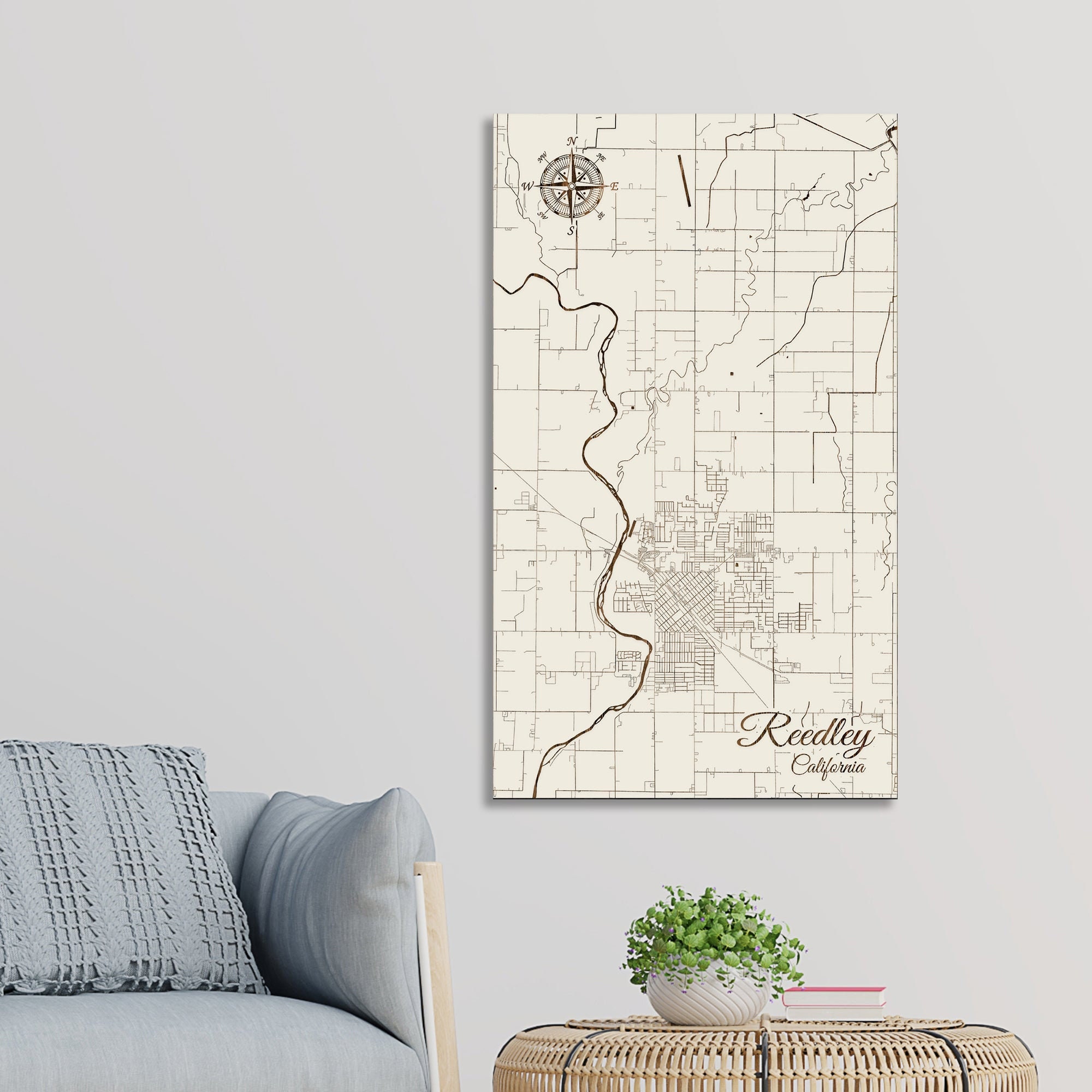 California Reedley Street Map Wood Engraved Maps Wall
