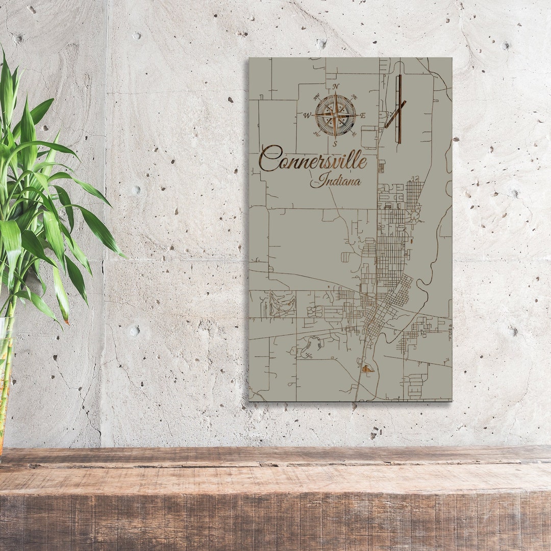 Indiana Connersville Street Map Wood Engraved Map Wall Art Etsy