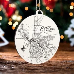 El Paso, Texas Ornament | Gravierte Holz Landkarte Ornament | Handmade Urlaub & Wohndekor | Weihnachtsschmuck