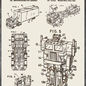 May include: A black and white line drawing of a toy robot transforming from a truck. The drawing is from a patent for a reconfigurable toy assembly. The patent number is 4,516,948 and the date is May 14, 1985. The inventor is Hiroyuki Obara, Tokyo, Japan.