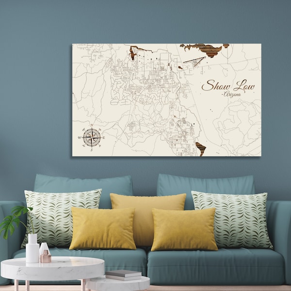 Show Low Arizona Street Map: Wood Engraved Wall Art