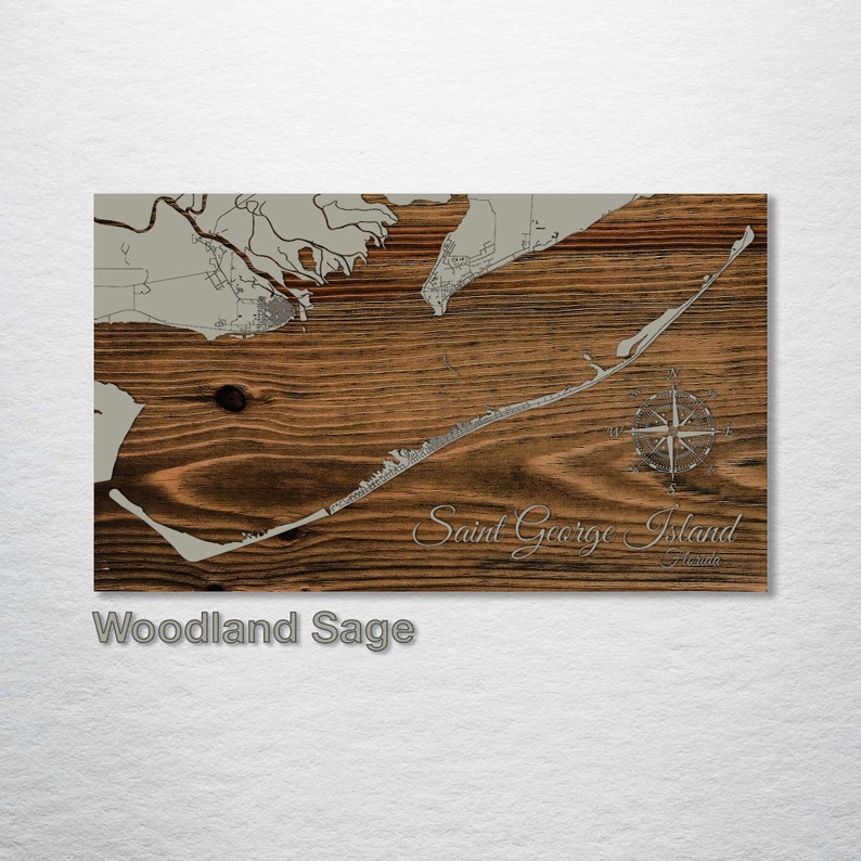 Saint George Island, Florida Street Map Wood Engraved Maps Wood Wall Decor City Street Map Wood Engraved Map of Saint George Island, FL Woodland Sage