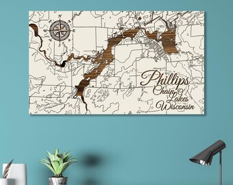 Phillips Chain O‚Äô Lakes, Wisconsin Map Engraved Wood Wall Map