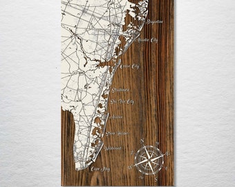 Atlantic City to Cape May Wood Engraved Map: Coastal New Jersey Wall Decor