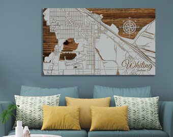 Whiting, Indiana Street Map: Wood Engraved Wall Art