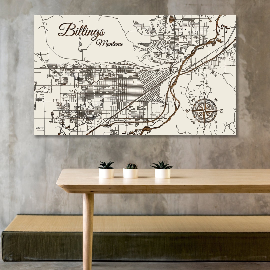 Billings, Montana Street Map Wood Wall Art Wood Wall Map Wood Engraved